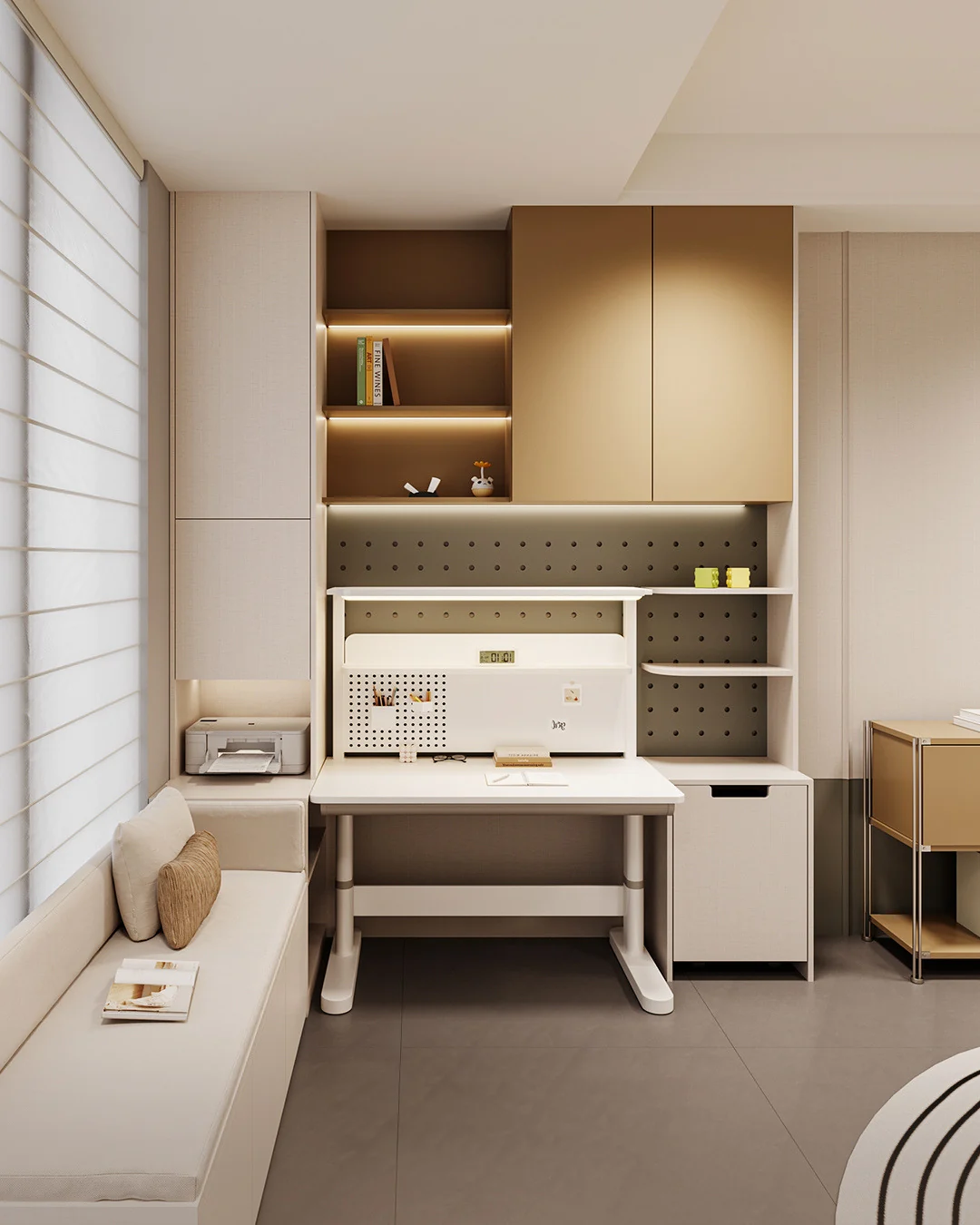 มุมทำงานบิลท์อินโดย FORMHAUS พร้อมโต๊ะในตัว ชั้นวาง และไฟซ่อน